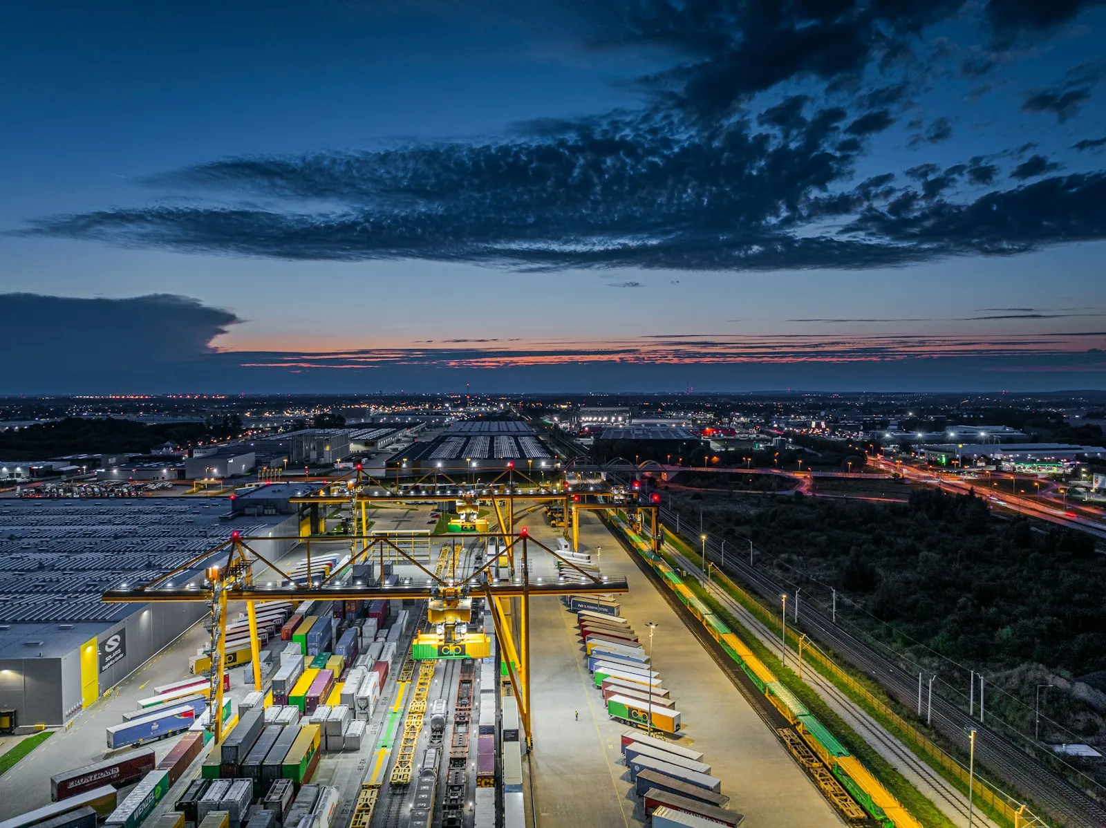 Port logistics hub at dusk